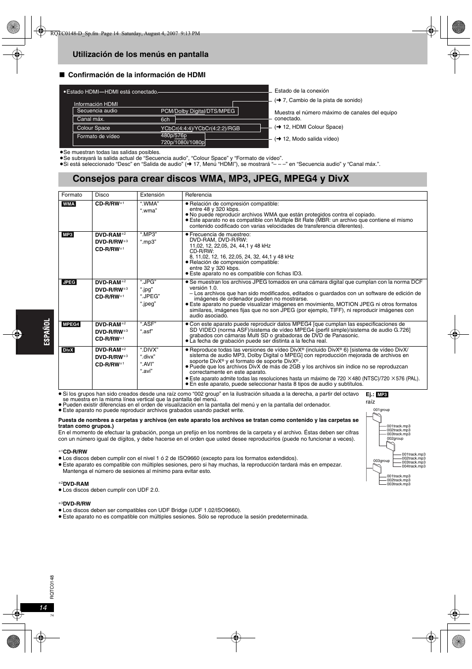 Utilización de los menús en pantalla, Confirmación de la información de hdmi | Panasonic DVDS100 User Manual | Page 74 / 128