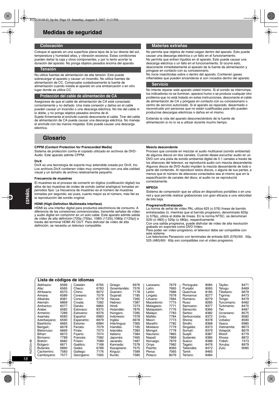 Medidas de seguridad, Glosario | Panasonic DVDS100 User Manual | Page 78 / 128