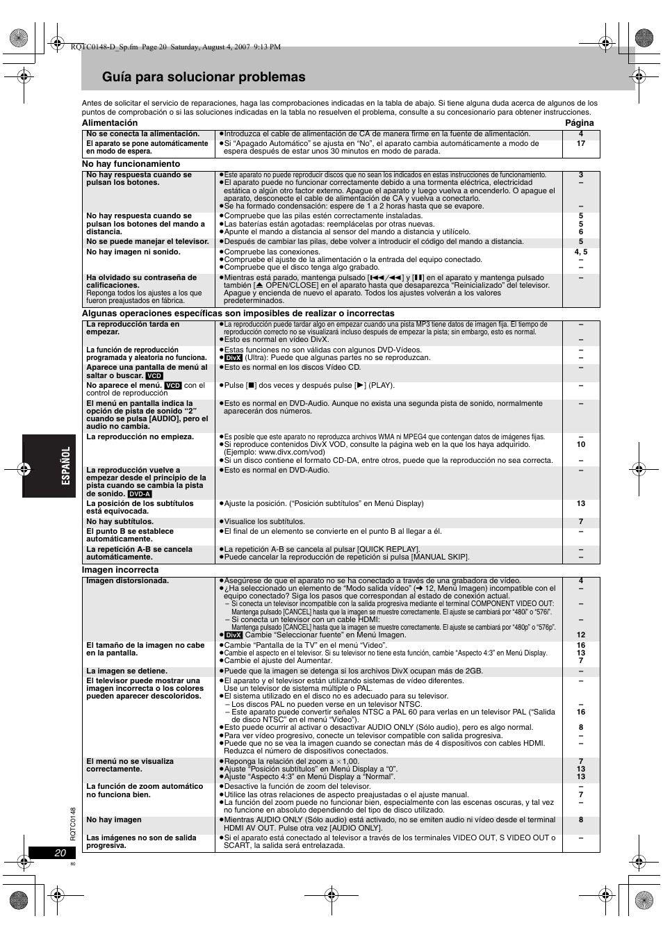 Guía para solucionar problemas | Panasonic DVDS100 User Manual | Page 80 / 128