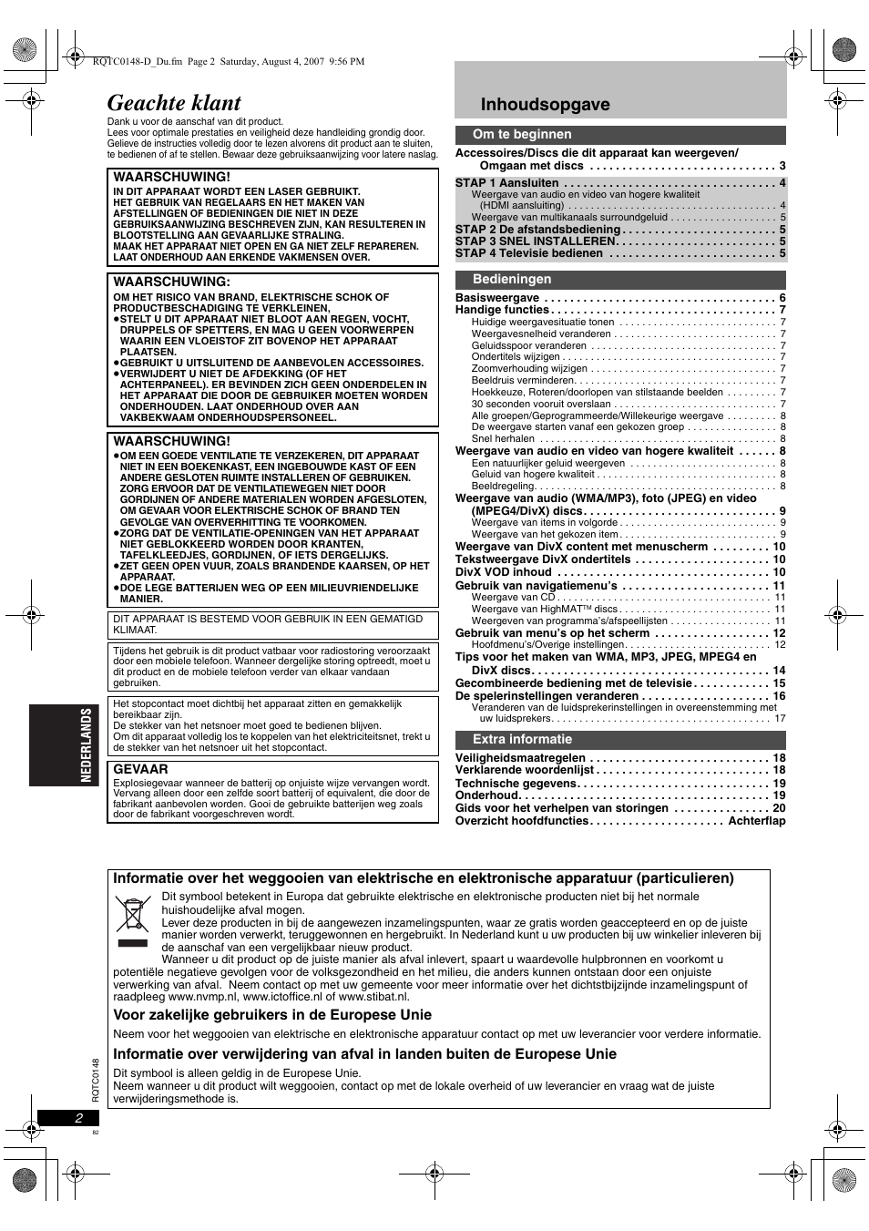 Geachte klant, Inhoudsopgave | Panasonic DVDS100 User Manual | Page 82 / 128