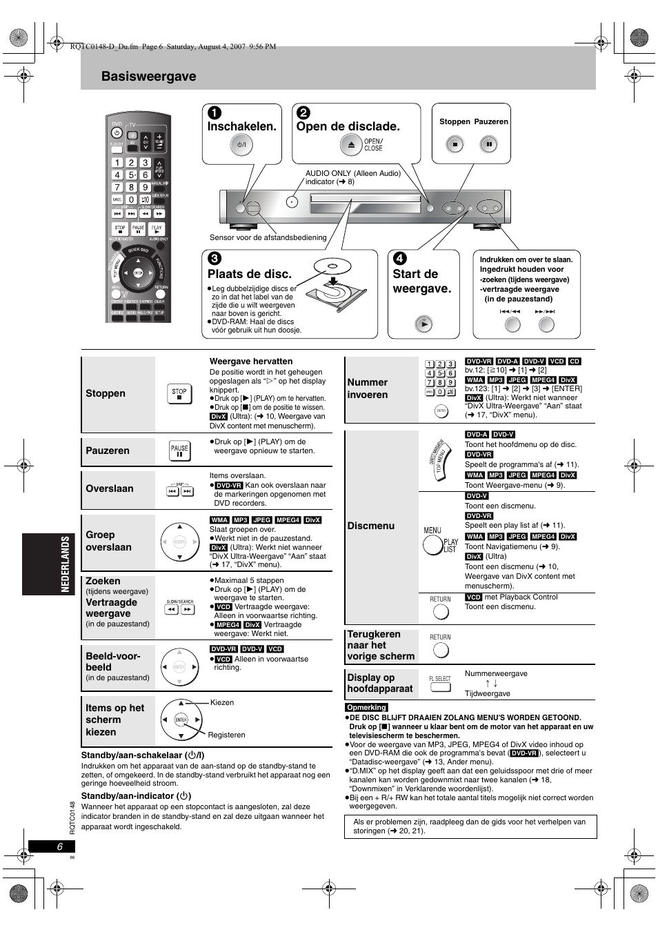 Basisweergave, Inschakelen, Open de disclade | Plaats de disc, Start de weergave | Panasonic DVDS100 User Manual | Page 86 / 128