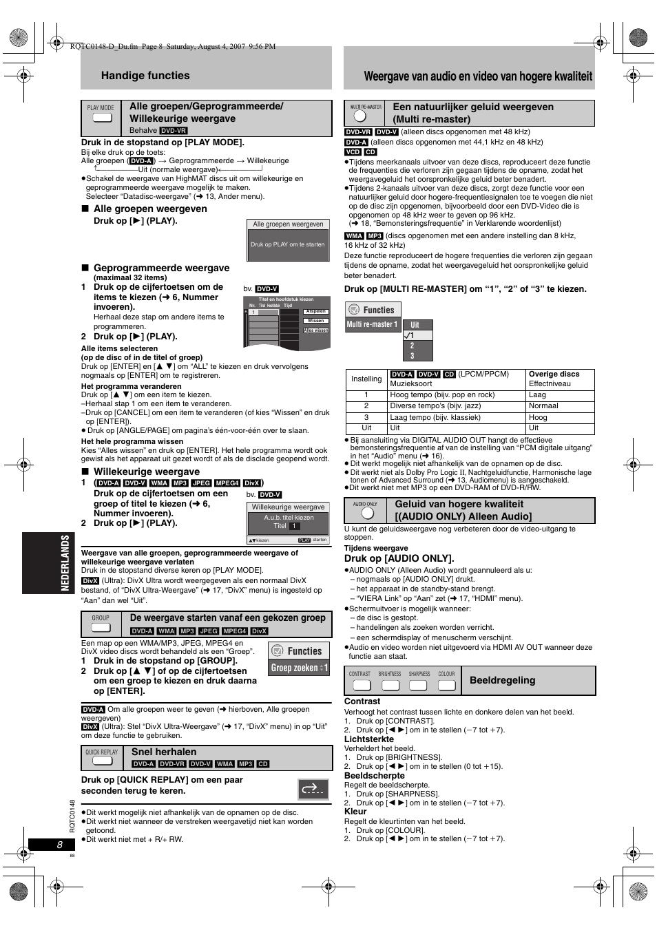 Weergave van audio en video van hogere kwaliteit, Handige functies | Panasonic DVDS100 User Manual | Page 88 / 128