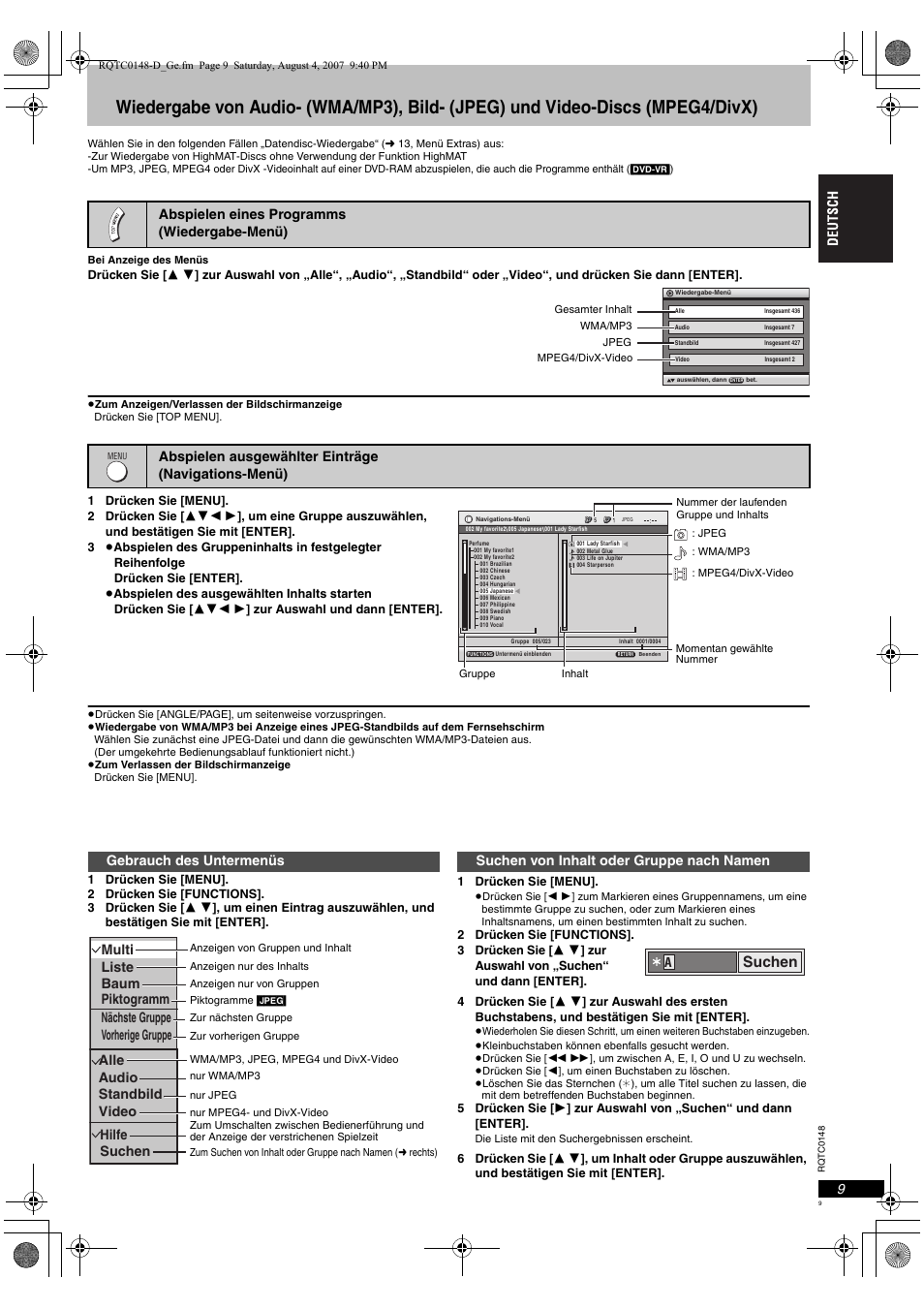 Suchen, Suchen von inhalt oder gruppe nach namen | Panasonic DVDS100 User Manual | Page 9 / 128