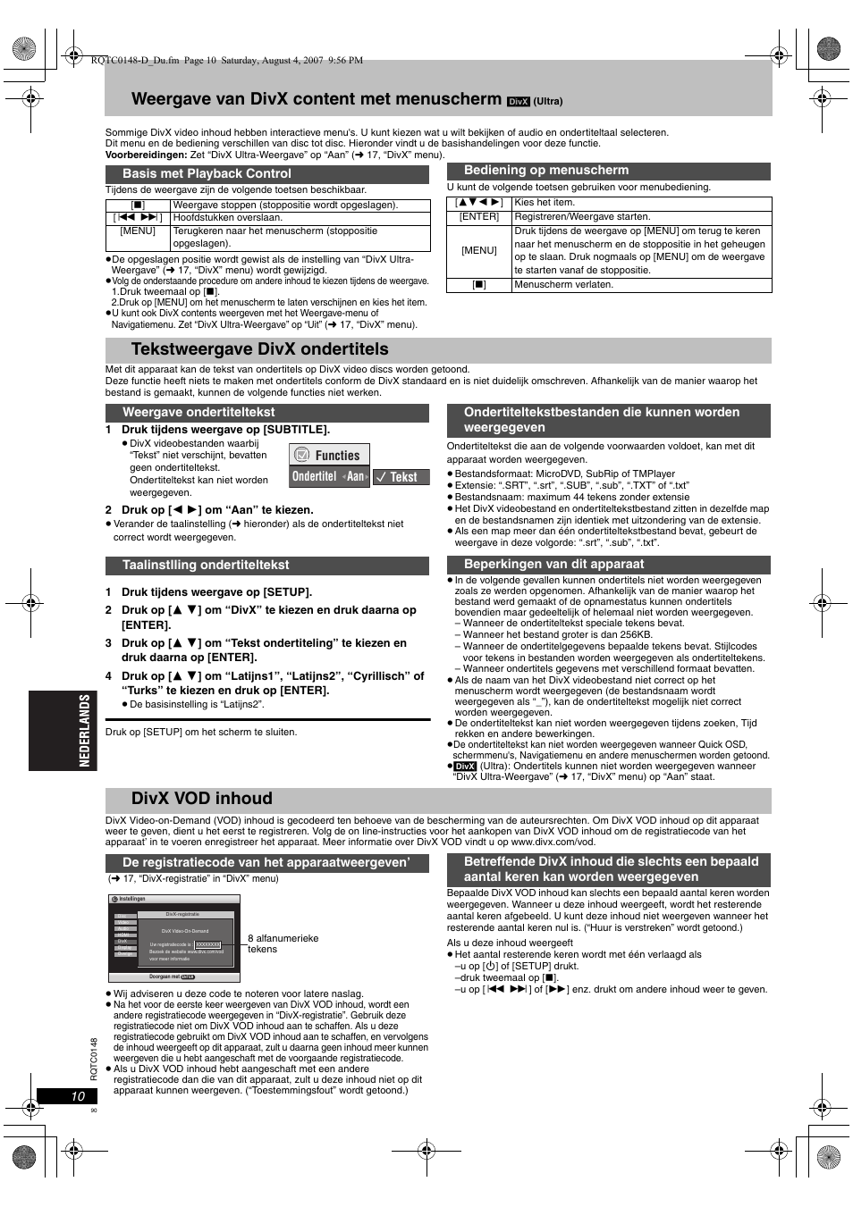Weergave van divx content met menuscherm, Tekstweergave divx ondertitels, Divx vod inhoud | Panasonic DVDS100 User Manual | Page 90 / 128