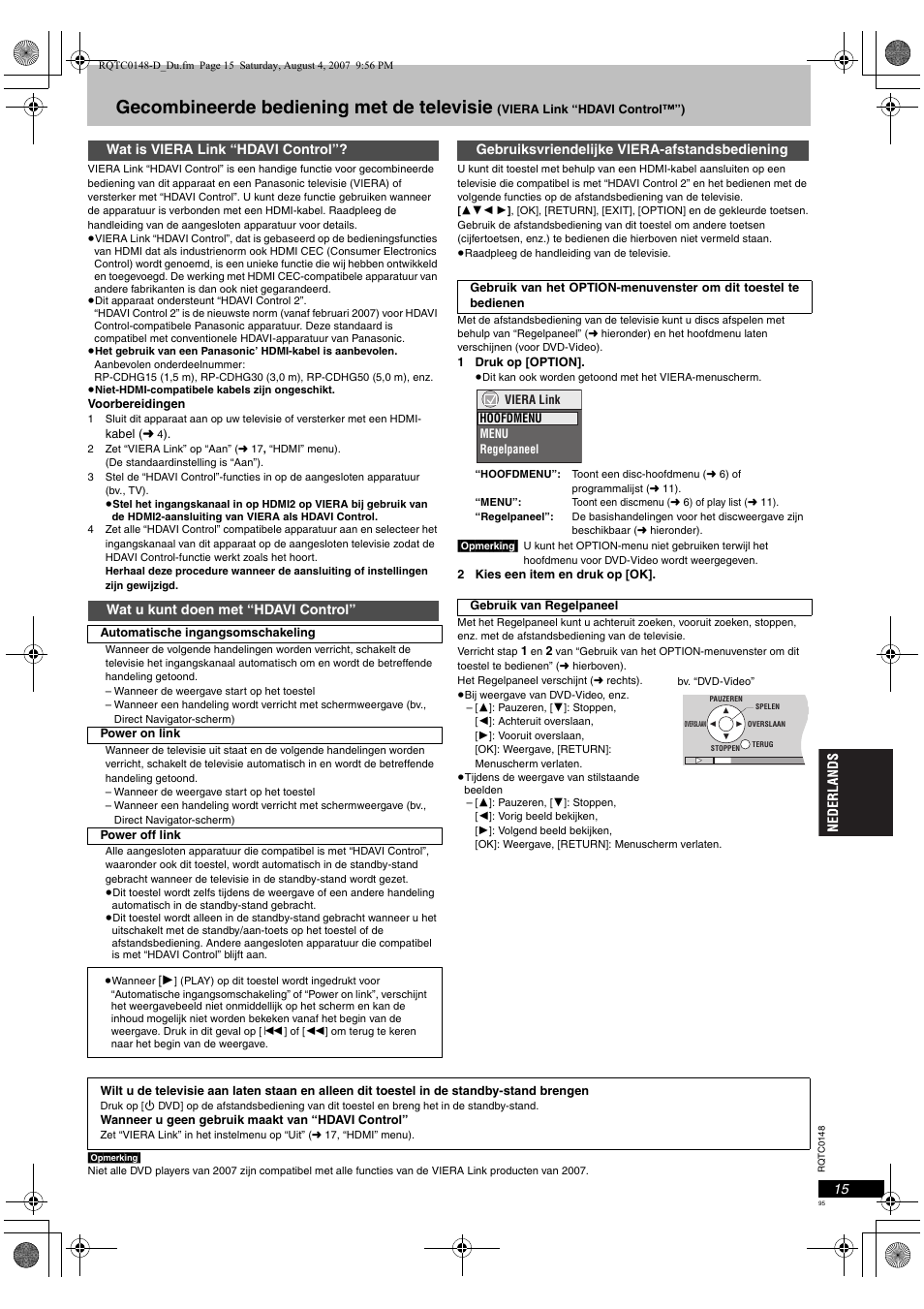 Gecombineerde bediening met de televisie | Panasonic DVDS100 User Manual | Page 95 / 128