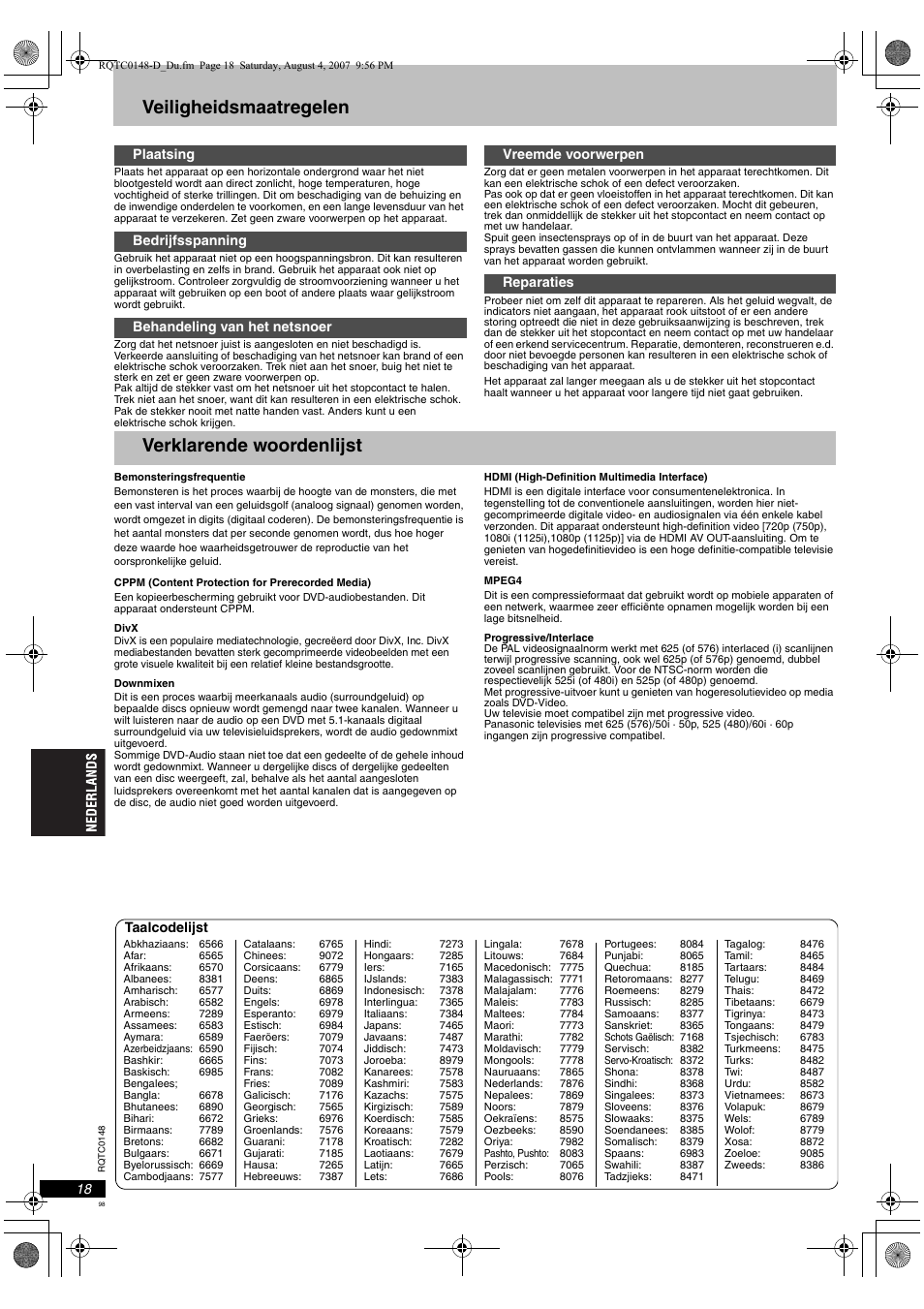 Veiligheidsmaatregelen, Verklarende woordenlijst | Panasonic DVDS100 User Manual | Page 98 / 128