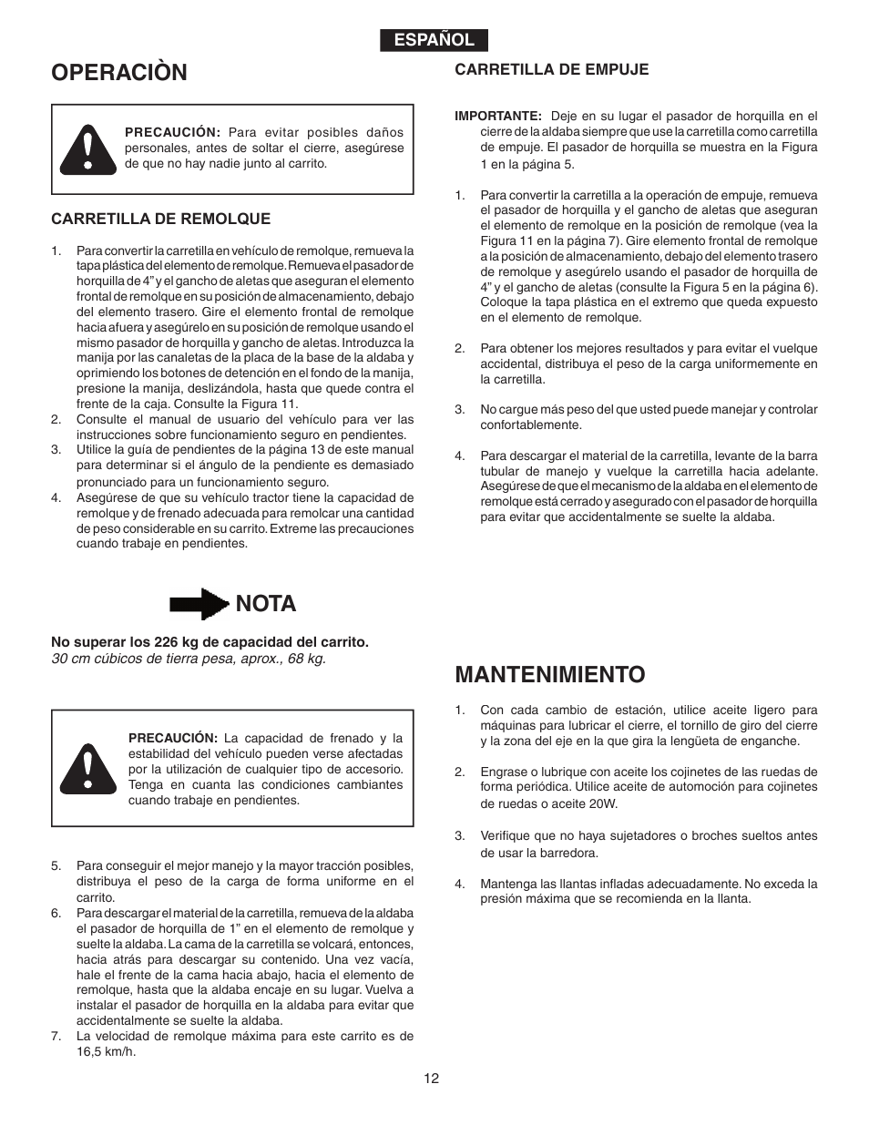 Operaciòn, Mantenimiento, Nota | Agri-Fab 45-0345-062 User Manual | Page 12 / 20