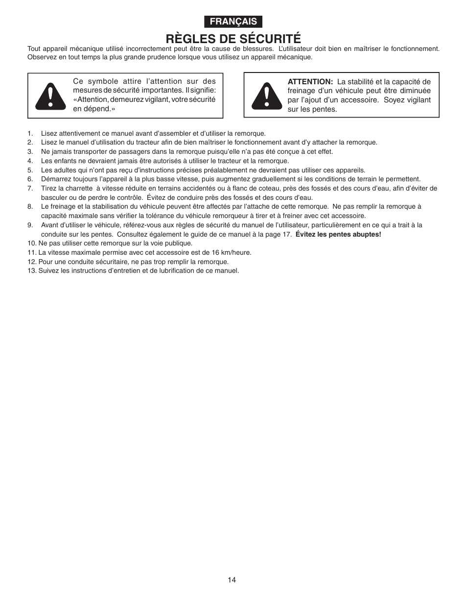 Règles de sécurité | Agri-Fab 45-0345-062 User Manual | Page 14 / 20