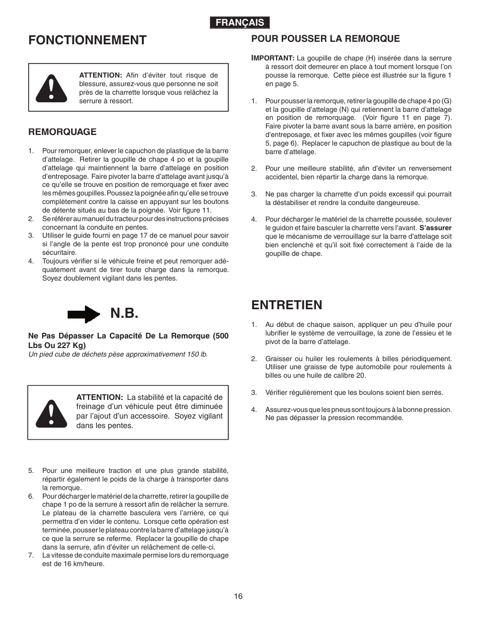 Fonctionnement, Entretien | Agri-Fab 45-0345-062 User Manual | Page 16 / 20