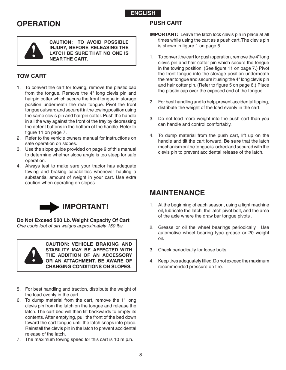 Operation, Maintenance, Important | Agri-Fab 45-0345-062 User Manual | Page 8 / 20