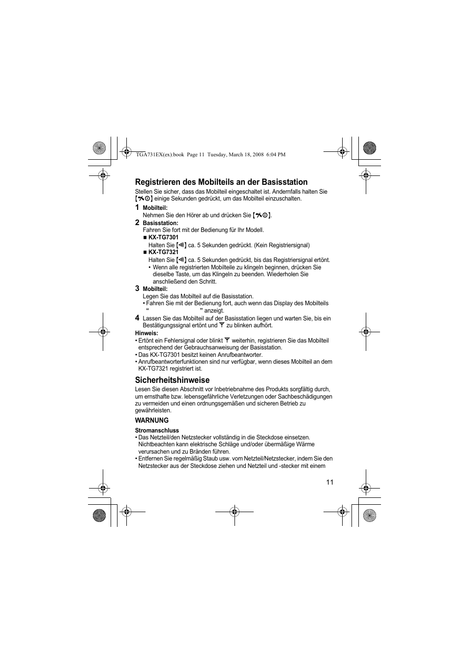 Registrieren des mobilteils an der basisstation, Sicherheitshinweise | Panasonic KXTGA731EX User Manual | Page 11 / 80