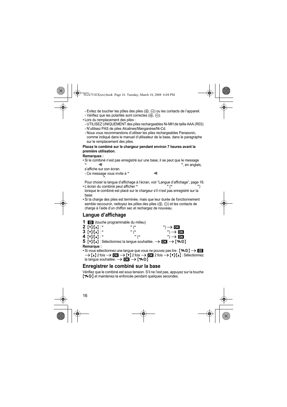 Langue d’affichage, Enregistrer le combiné sur la base | Panasonic KXTGA731EX User Manual | Page 16 / 80