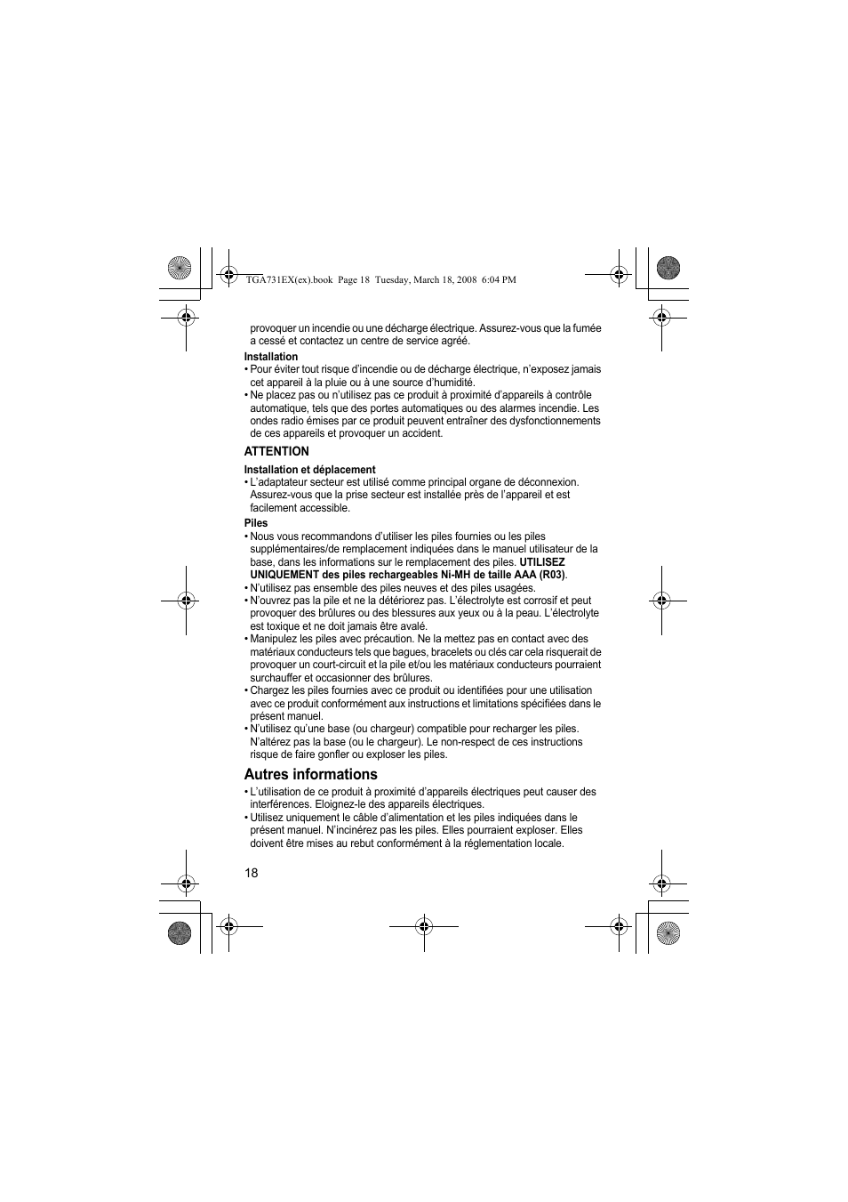 Autres informations | Panasonic KXTGA731EX User Manual | Page 18 / 80