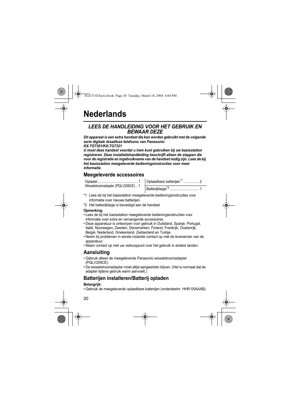 Nederlands, Meegeleverde accessoires, Aansluiting | Batterijen installeren/batterij opladen | Panasonic KXTGA731EX User Manual | Page 20 / 80