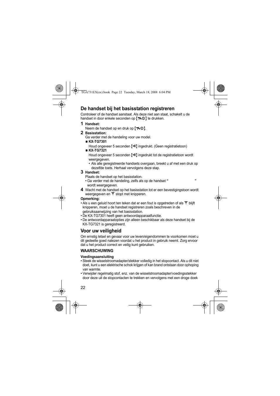 De handset bij het basisstation registreren, Voor uw veiligheid | Panasonic KXTGA731EX User Manual | Page 22 / 80