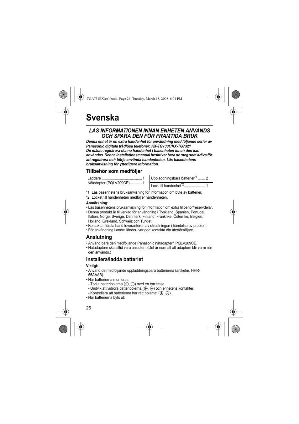 Svenska, Tillbehör som medföljer, Anslutning | Installera/ladda batteriet | Panasonic KXTGA731EX User Manual | Page 26 / 80