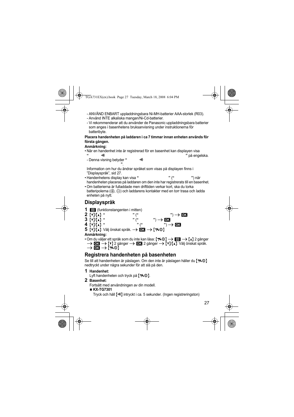 Displayspråk, Registrera handenheten på basenheten | Panasonic KXTGA731EX User Manual | Page 27 / 80