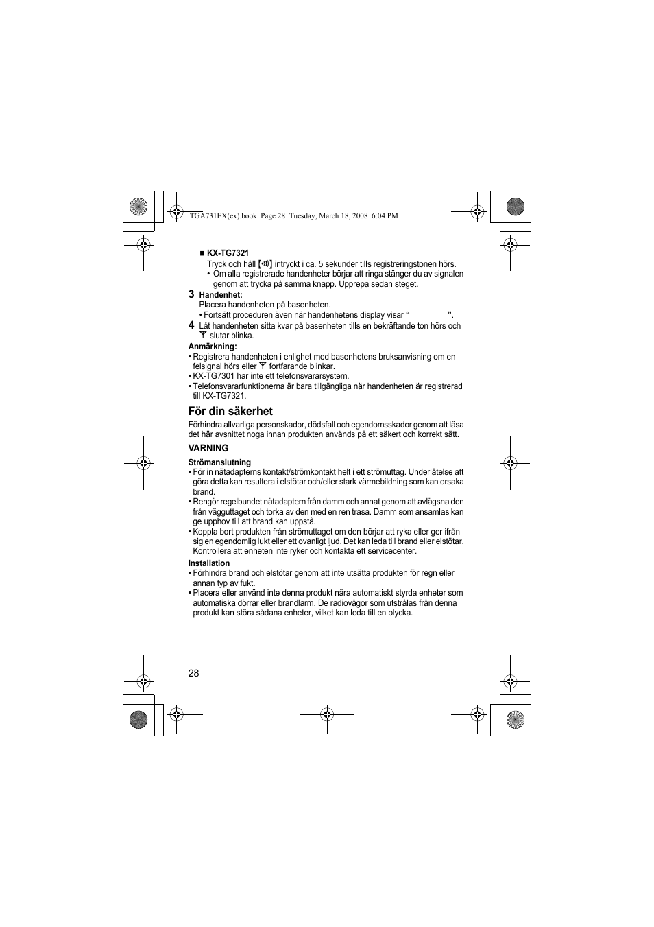 För din säkerhet | Panasonic KXTGA731EX User Manual | Page 28 / 80