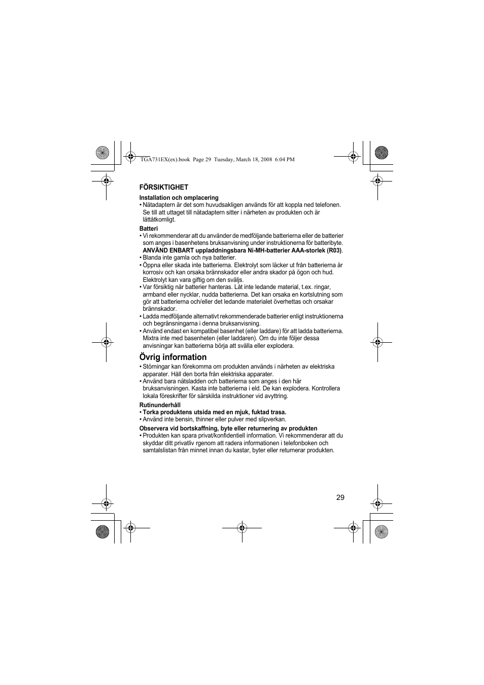 Övrig information | Panasonic KXTGA731EX User Manual | Page 29 / 80