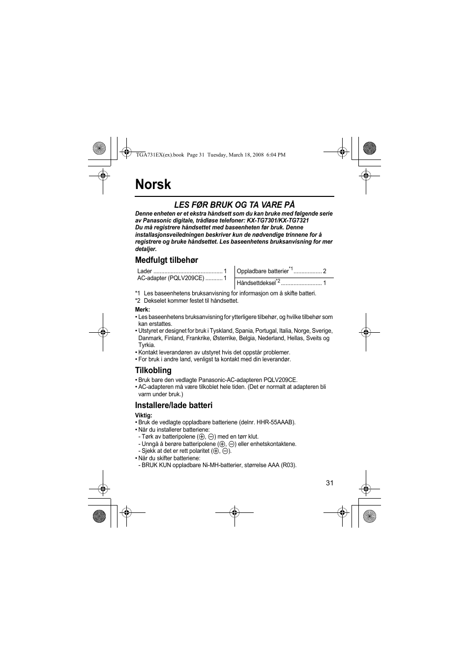 Norsk, Les før bruk og ta vare på, Medfulgt tilbehør | Tilkobling, Installere/lade batteri | Panasonic KXTGA731EX User Manual | Page 31 / 80