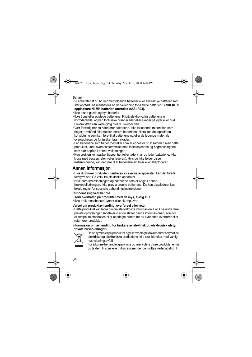 Annen informasjon | Panasonic KXTGA731EX User Manual | Page 34 / 80