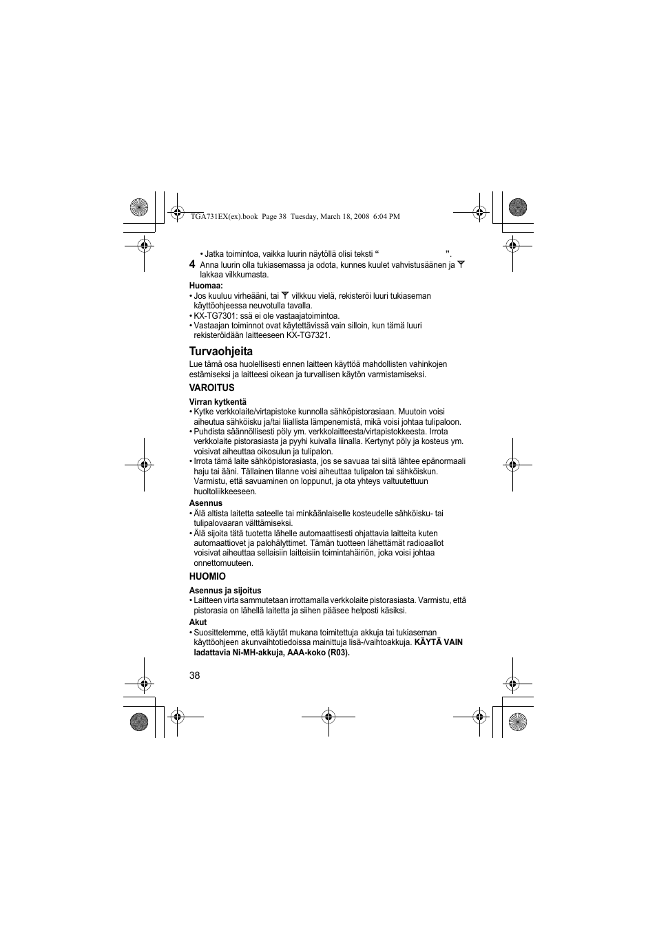 Turvaohjeita | Panasonic KXTGA731EX User Manual | Page 38 / 80