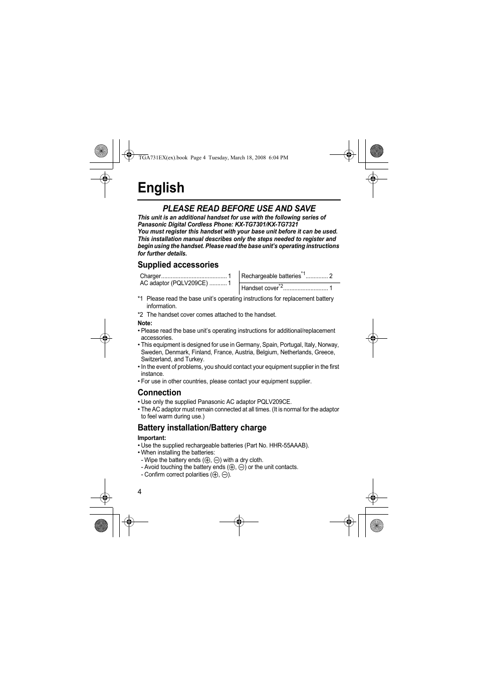 English, Please read before use and save, Supplied accessories | Connection, Battery installation/battery charge | Panasonic KXTGA731EX User Manual | Page 4 / 80