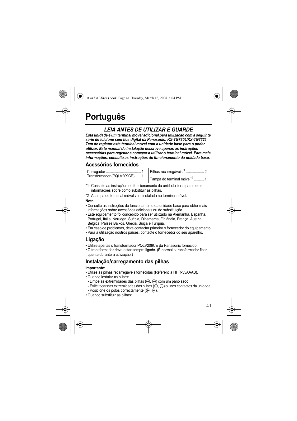 Português, Leia antes de utilizar e guarde, Acessórios fornecidos | Ligação, Instalação/carregamento das pilhas | Panasonic KXTGA731EX User Manual | Page 41 / 80