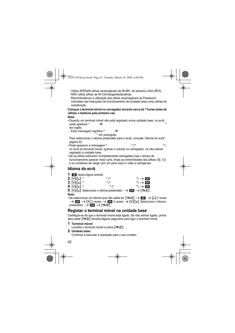 Idioma do ecrã, Registar o terminal móvel na unidade base | Panasonic KXTGA731EX User Manual | Page 42 / 80