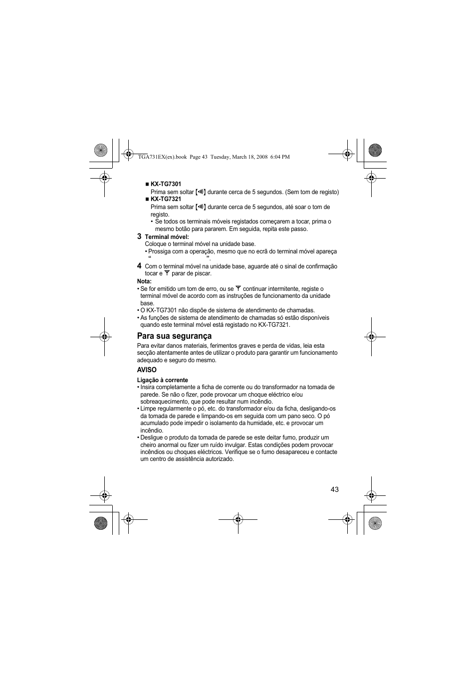 Para sua segurança | Panasonic KXTGA731EX User Manual | Page 43 / 80