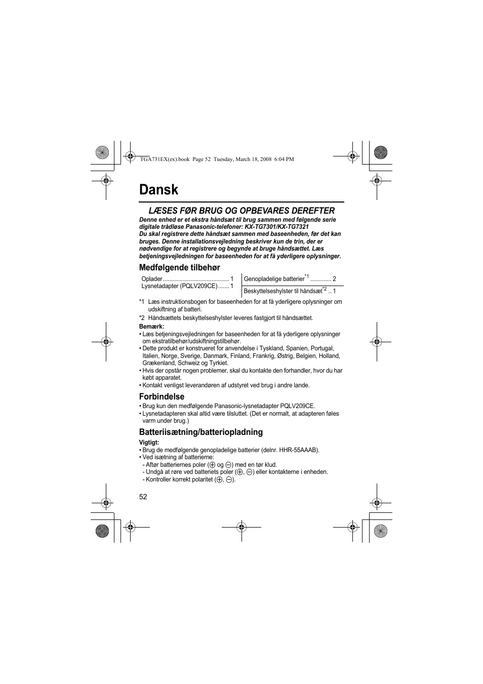 Dansk, Læses før brug og opbevares derefter, Medfølgende tilbehør | Forbindelse, Batteriisætning/batteriopladning | Panasonic KXTGA731EX User Manual | Page 52 / 80