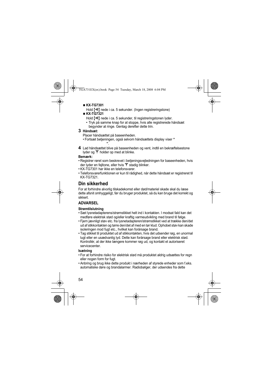 Din sikkerhed | Panasonic KXTGA731EX User Manual | Page 54 / 80