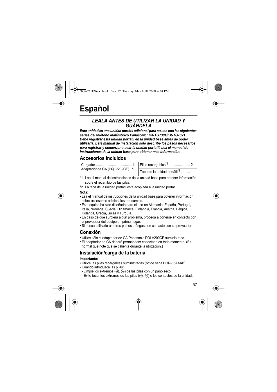 Español, Léala antes de utilizar la unidad y guárdela, Accesorios incluidos | Conexión, Instalación/carga de la batería | Panasonic KXTGA731EX User Manual | Page 57 / 80