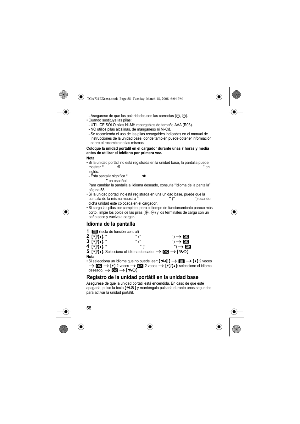 Idioma de la pantalla, Registro de la unidad portátil en la unidad base | Panasonic KXTGA731EX User Manual | Page 58 / 80