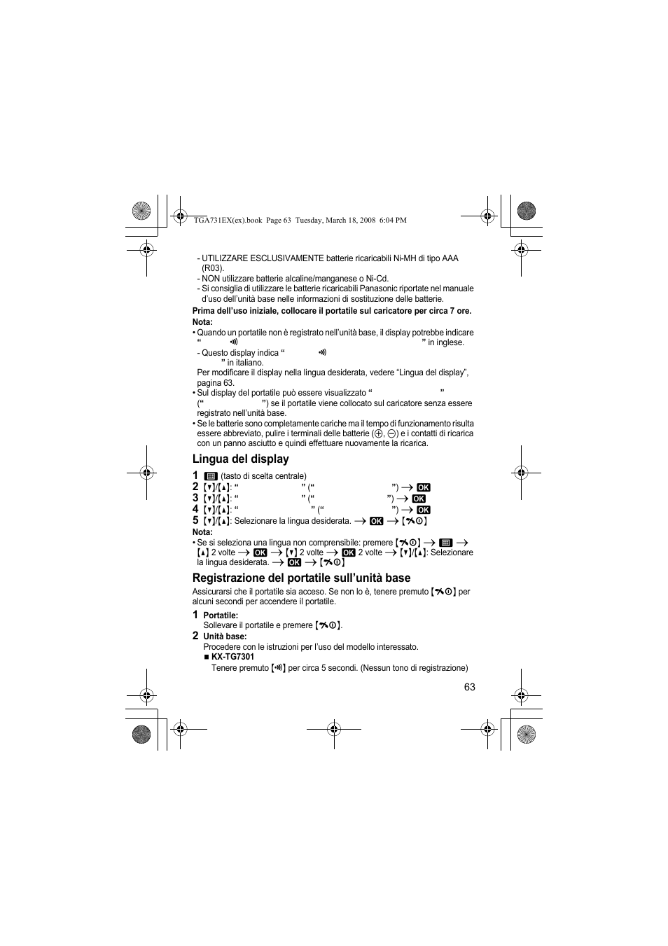 Lingua del display, Registrazione del portatile sull’unità base | Panasonic KXTGA731EX User Manual | Page 63 / 80