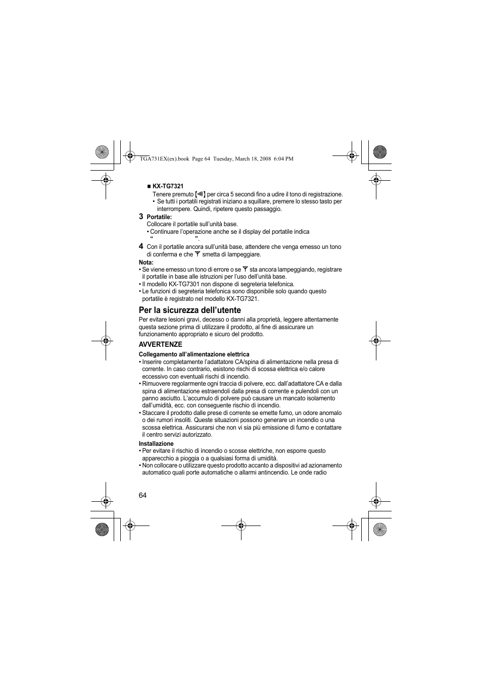 Per la sicurezza dell’utente | Panasonic KXTGA731EX User Manual | Page 64 / 80