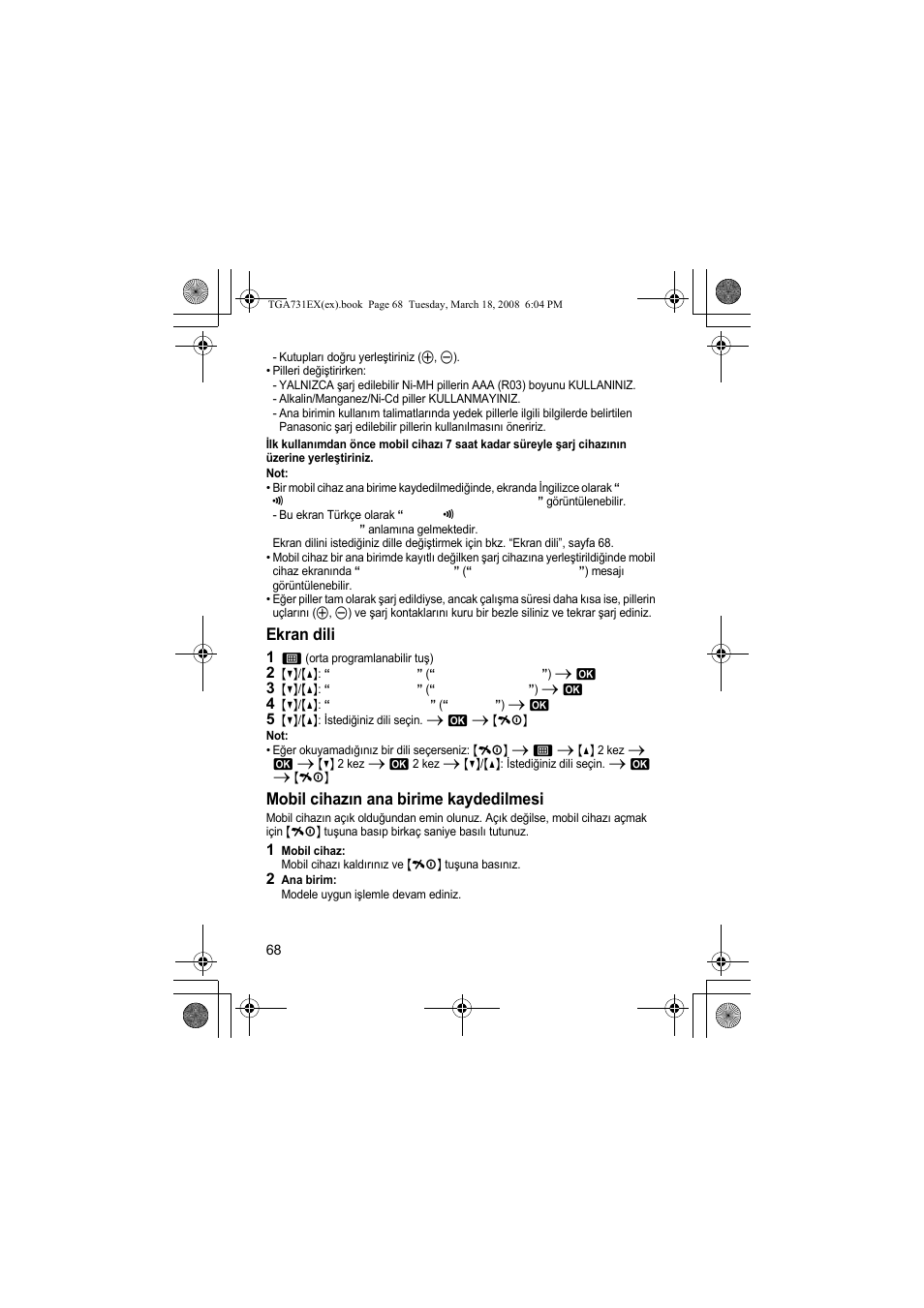 Ekran dili, Mobil cihazın ana birime kaydedilmesi | Panasonic KXTGA731EX User Manual | Page 68 / 80