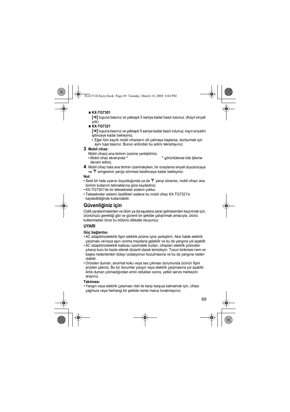 Güvenliğiniz için | Panasonic KXTGA731EX User Manual | Page 69 / 80