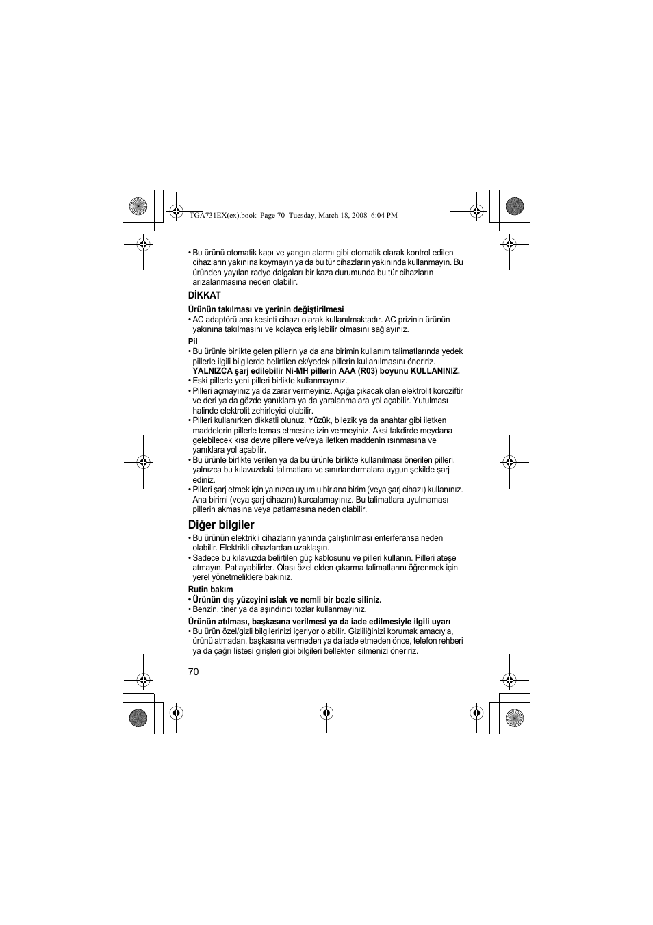 Diğer bilgiler | Panasonic KXTGA731EX User Manual | Page 70 / 80