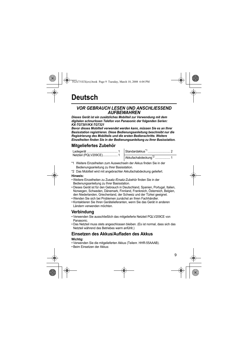 Deutsch, Vor gebrauch lesen und anschliessend aufbewahren, Mitgeliefertes zubehör | Verbindung, Einsetzen des akkus/aufladen des akkus | Panasonic KXTGA731EX User Manual | Page 9 / 80