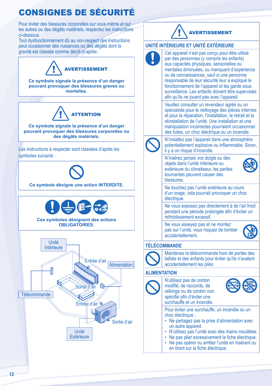 Consignes de sécurité | Panasonic CSE28MKES User Manual | Page 12 / 52
