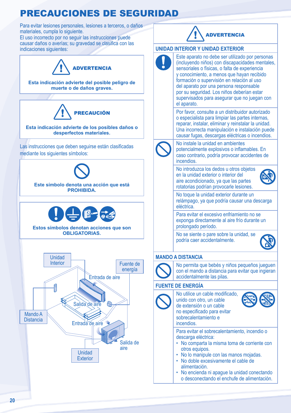 Precauciones de seguridad | Panasonic CSE28MKES User Manual | Page 20 / 52