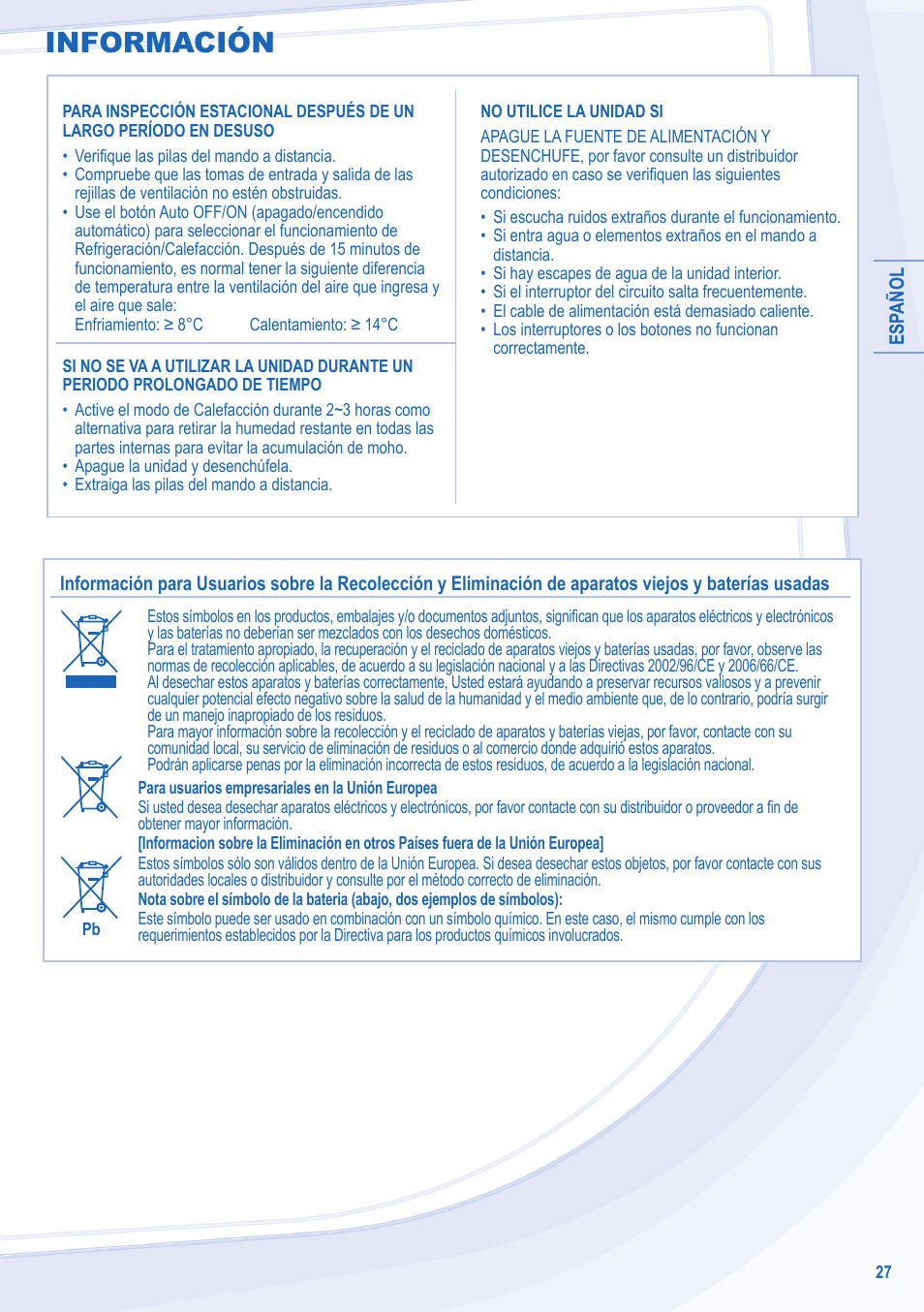 Información | Panasonic CSE28MKES User Manual | Page 27 / 52