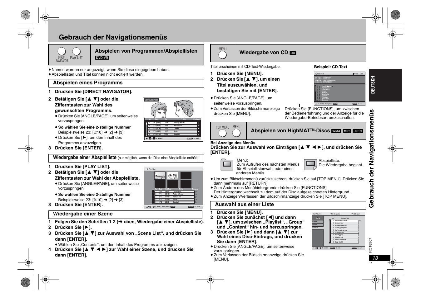 Gebrauch der navigationsmenüs, Ge b rauc h der na vi gati onsmen üs, Abspielen von programmen/abspiellisten | Wiedergabe einer szene, Wiedergabe von cd, Abspielen von highmat, Discs, Auswahl aus einer liste | Panasonic DVDS42 User Manual | Page 13 / 68