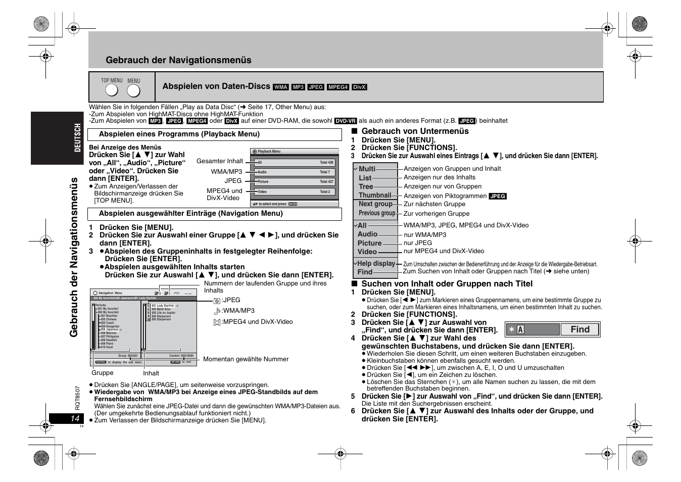 Ge b rauc h der na vi gati onsmen üs, Gebrauch der navigationsmenüs | Panasonic DVDS42 User Manual | Page 14 / 68