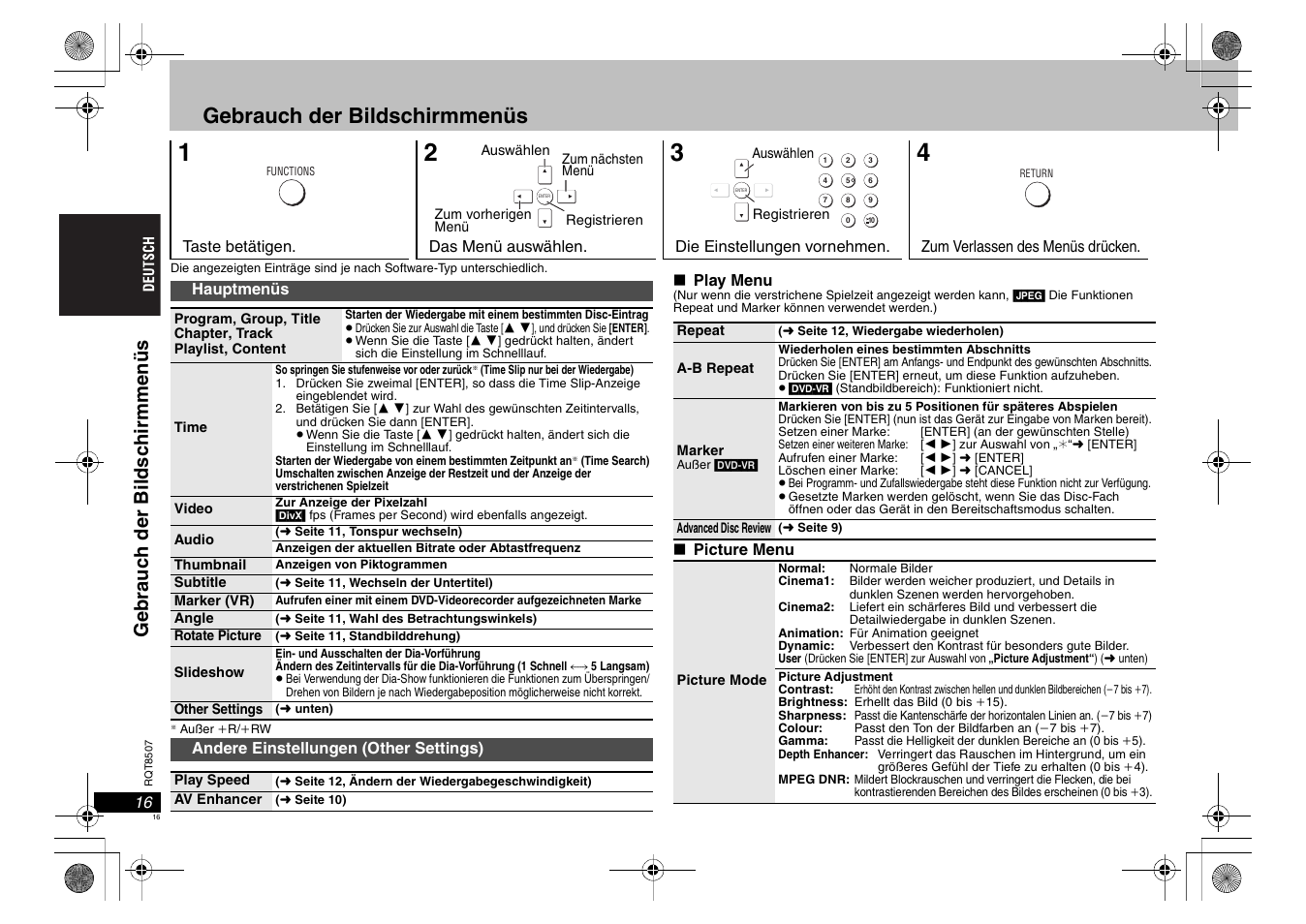 Gebrauch der bildschirmmenüs, Gebr auc h de r bi ld sc hir m men ü s | Panasonic DVDS42 User Manual | Page 16 / 68