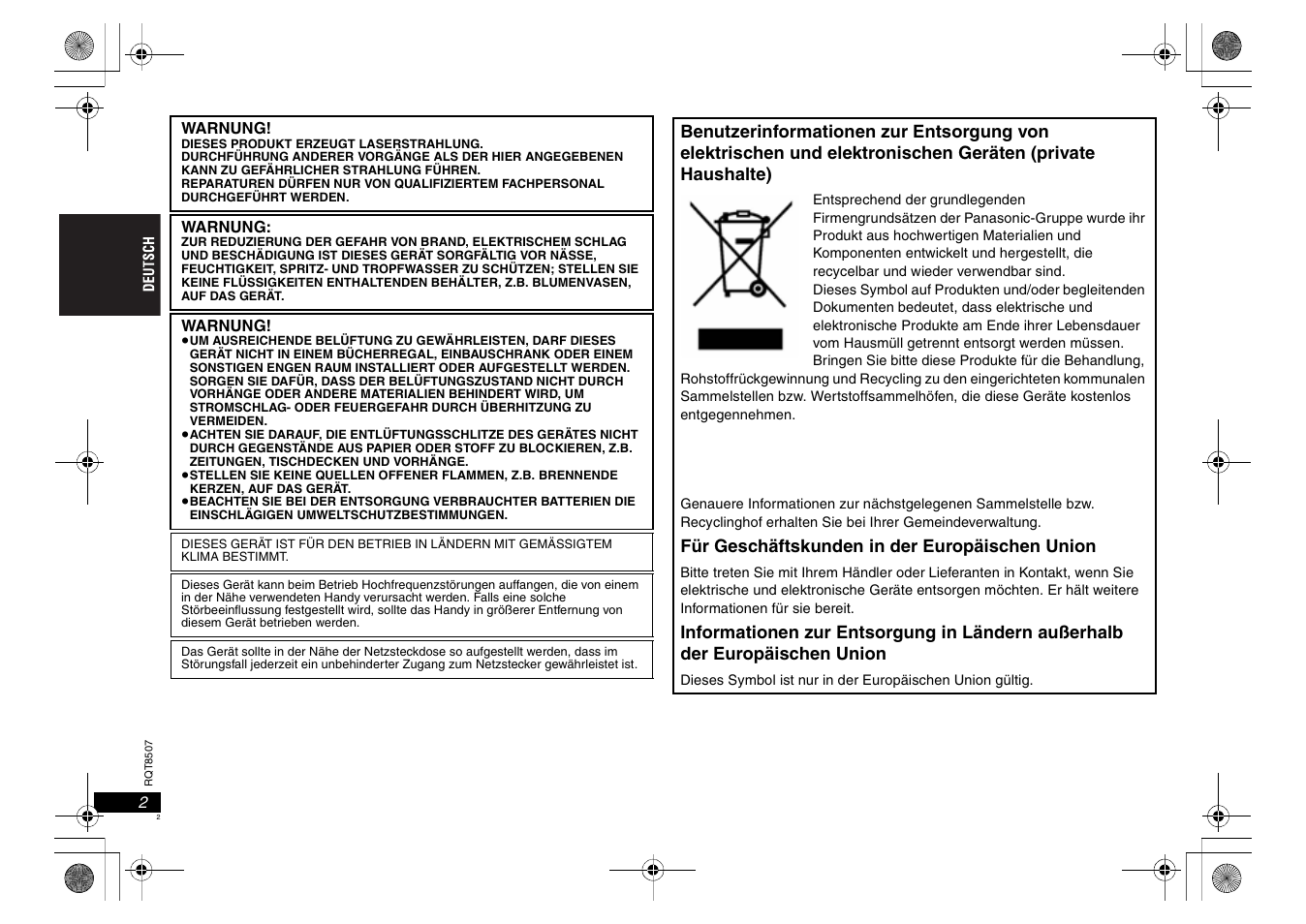 Für geschäftskunden in der europäischen union | Panasonic DVDS42 User Manual | Page 2 / 68