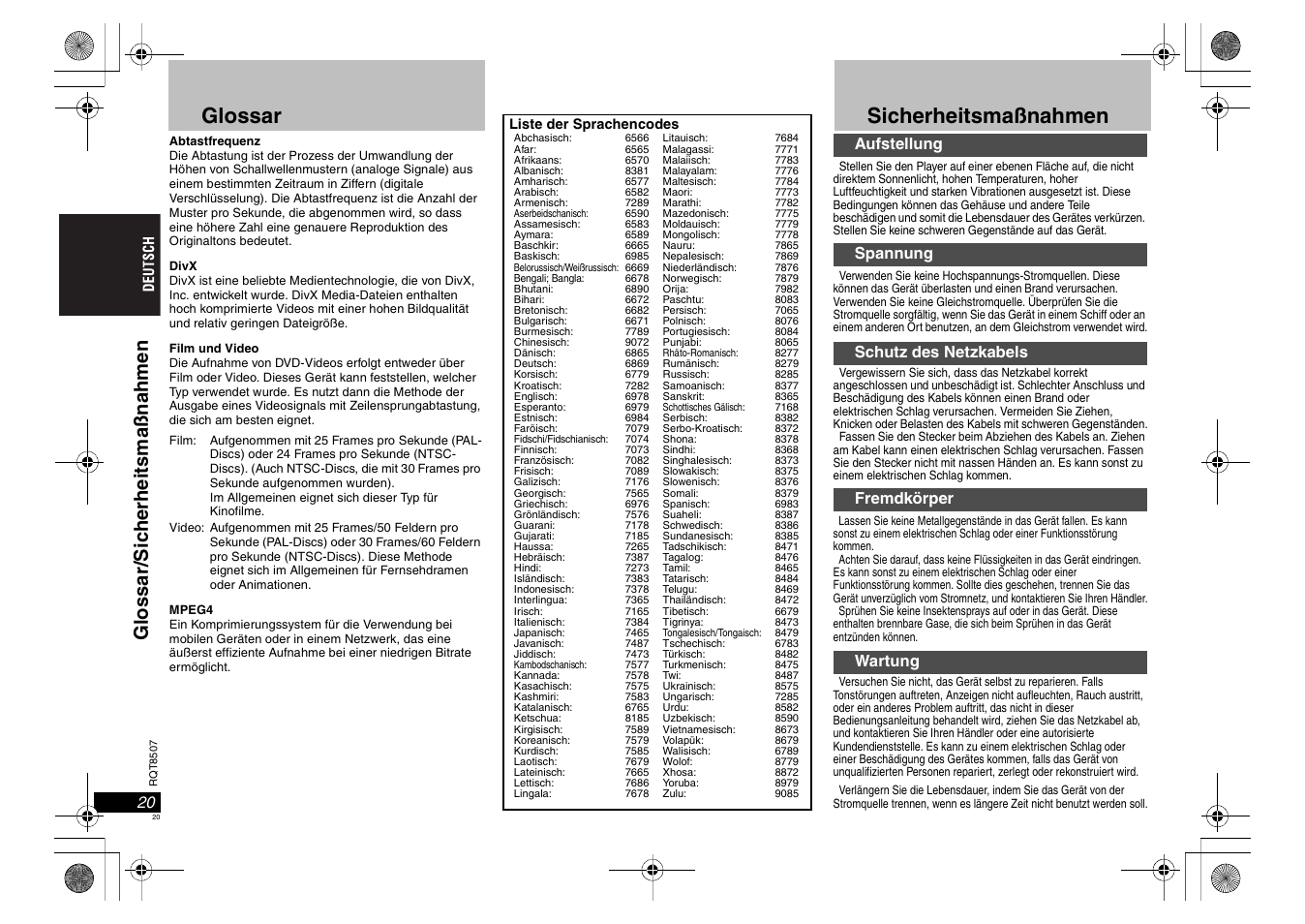 Glossar, Sicherheitsmaßnahmen, Gl ossar/ s ic h e rhei tsmaßnahmen | Panasonic DVDS42 User Manual | Page 20 / 68