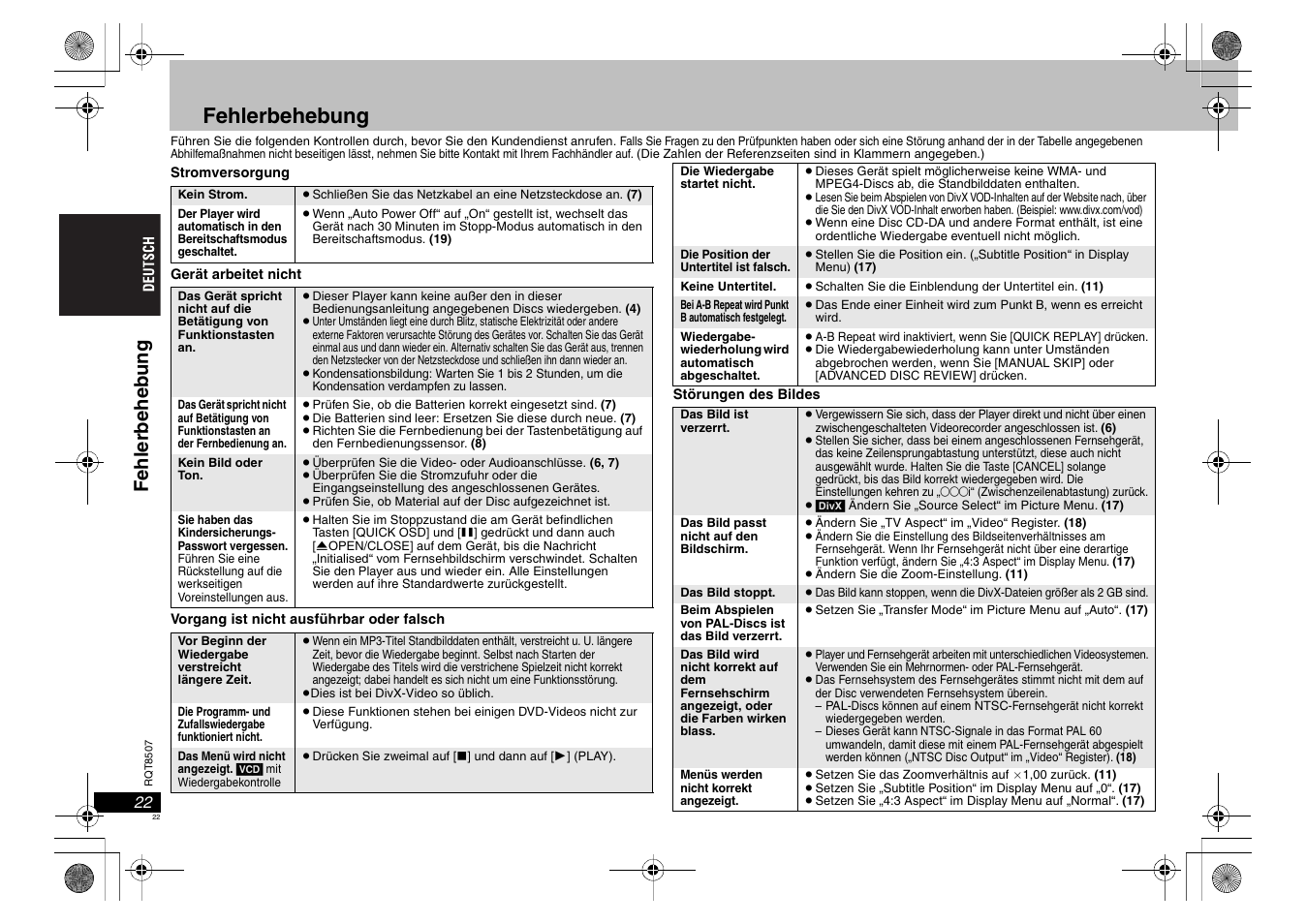 Fehlerbehebung, Fe hler beheb ung | Panasonic DVDS42 User Manual | Page 22 / 68