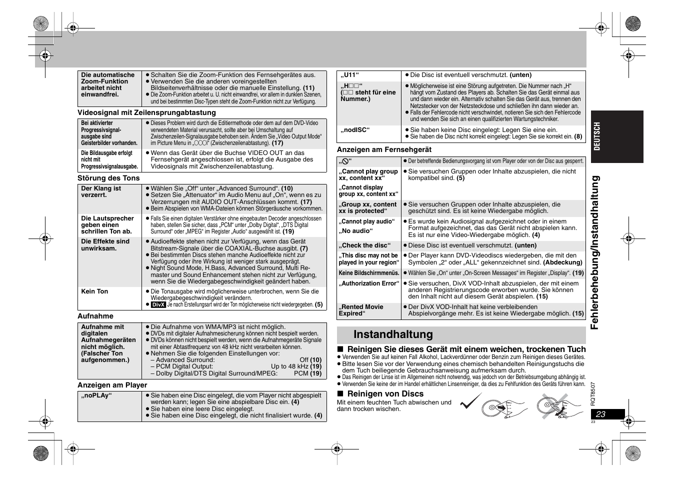 Instandhaltung, Fehl erbeh eb ung/i nsta ndhalt ung | Panasonic DVDS42 User Manual | Page 23 / 68